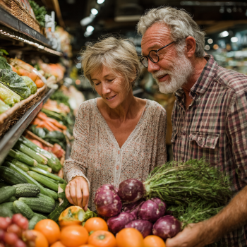 Літня пара готує здорову їжу разом на кухні